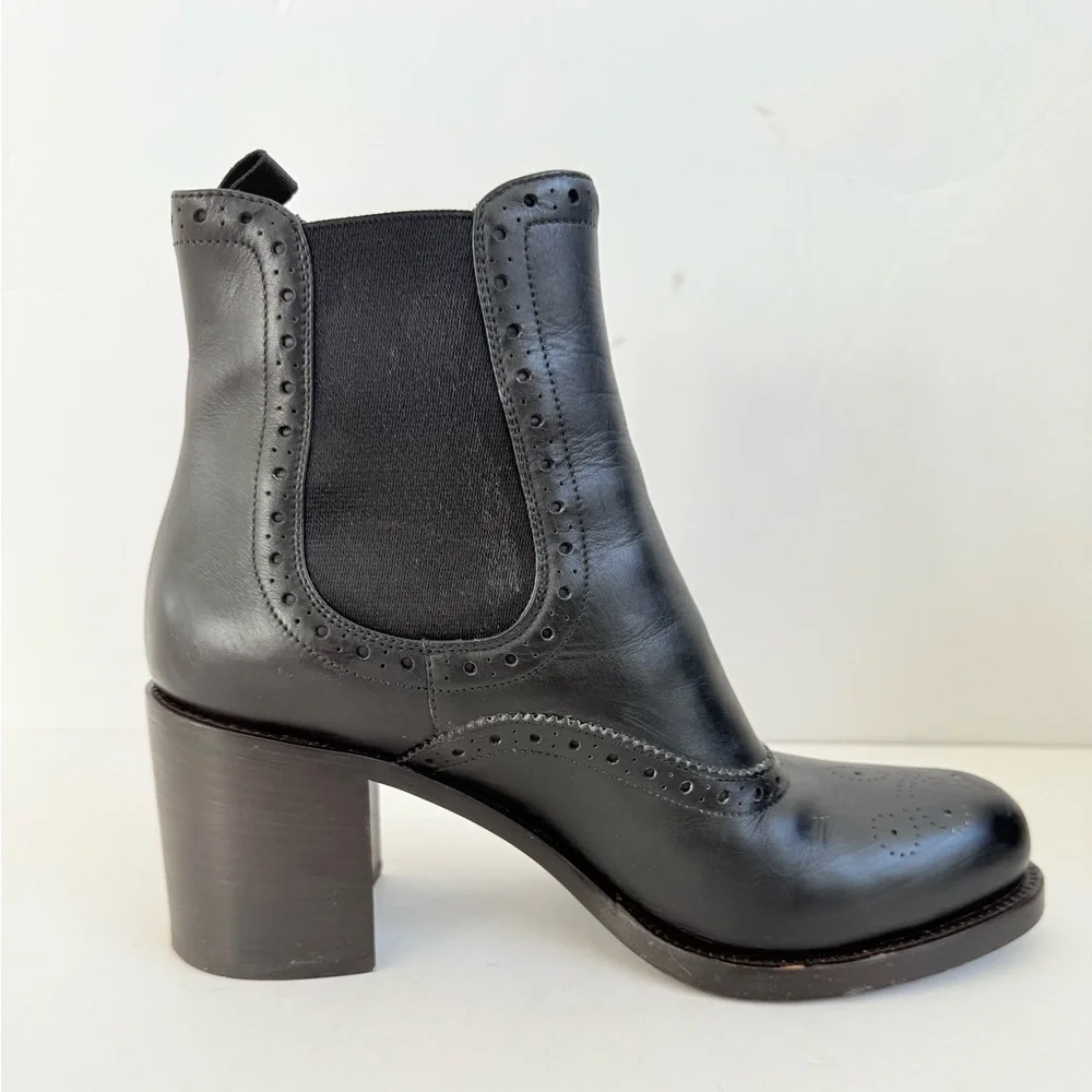 Prada Milano Black Leather Brogue Chelsea Ankle Boots Block Heels EU 39